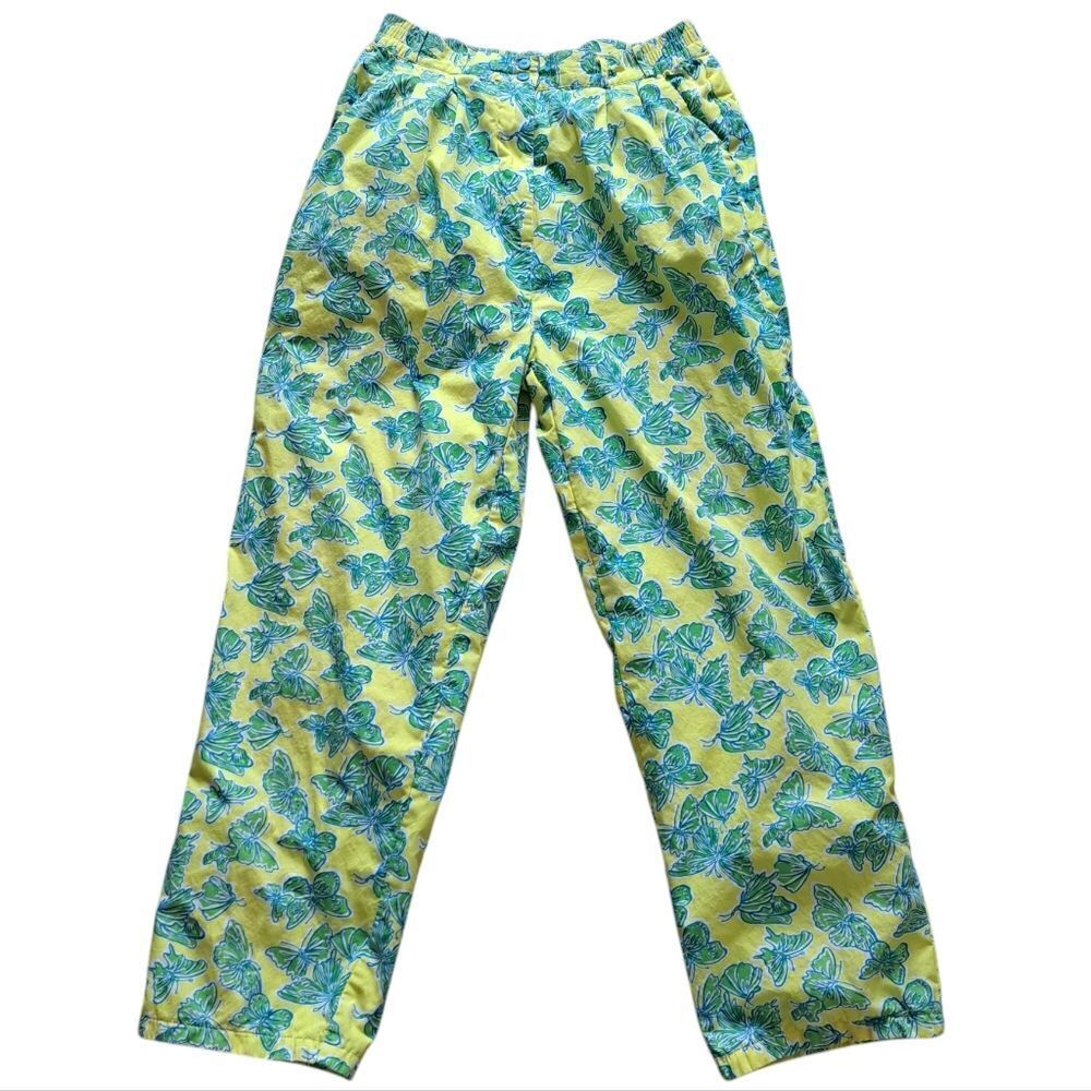 Vintage Lilly Pulitzer Butterfly Print Cotton High Waist Y2K Pants Sz 8 Yellow/G